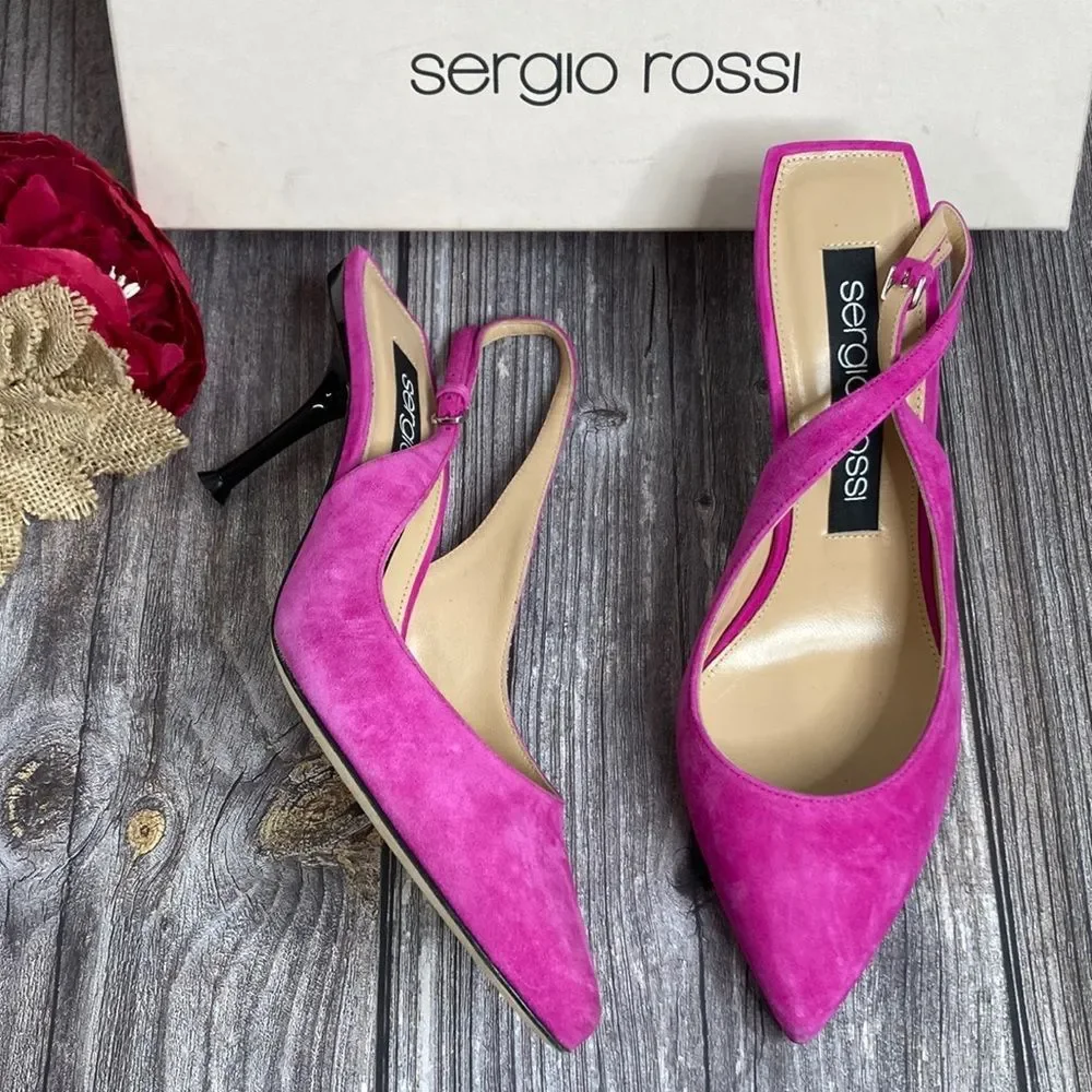 Sergio Rossi Scarpe Donna Pink Suede Slingback Pumps 39M - Picture 1 of 8